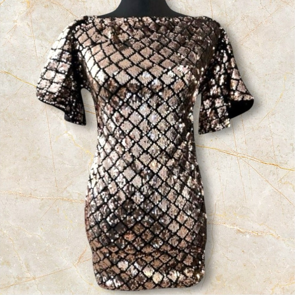 Gold and Brown Mini Sheath Dress with Flutter Sleeves